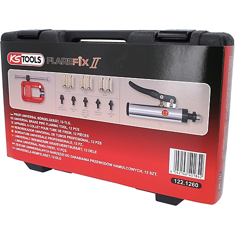 Schwarzer Werkzeugkasten mit KS TOOLS FLAREFix II. Aufschrift und abgebildeten Werkzeugen. Enthält auch einen roten Metallring und ein silbernes Werkzeug mit schwarzem Griff.